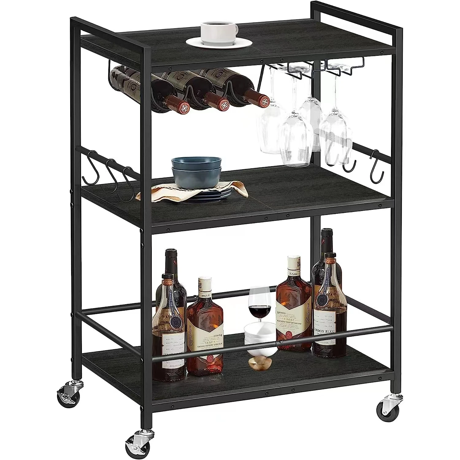 Mobile Kitchen Shelf With Wine Rack And Glass Holder Stainless Steel Bar Cart Trolley Wood Serving Trolley Cart