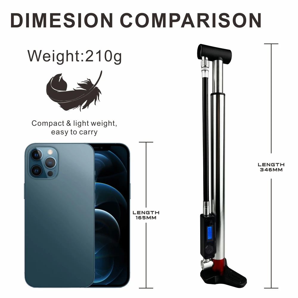 CNC Machined Aluminum Alloy Bike Tire Air Pump 150PSI Mini Floor Pump with Electronic Pressure Gauge