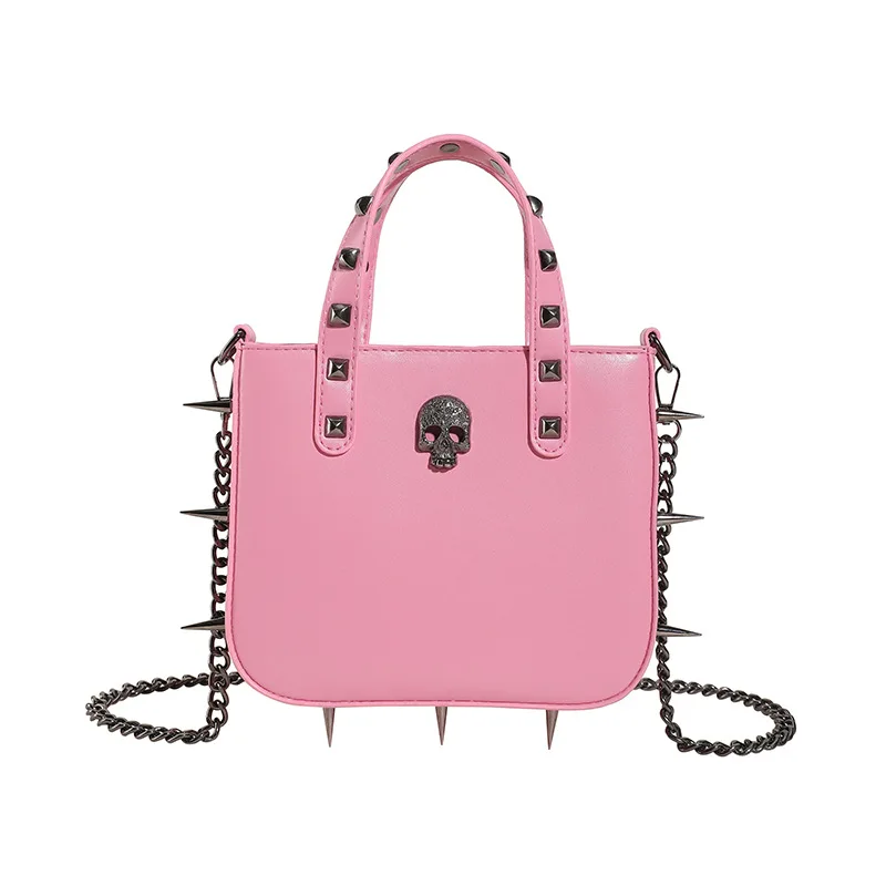 Gothic Fashion style Dark Girl Punk Style Rivet Cross Skull Handbag With Chain Strap