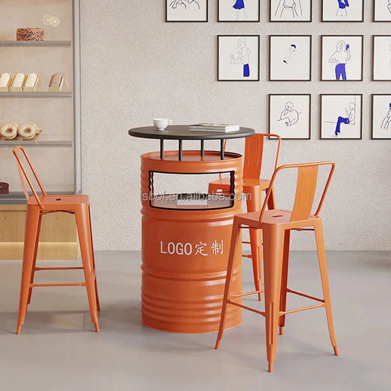 industrial oil drum design restaurant furniture high bar table and chairs high top bar tables and tall chair