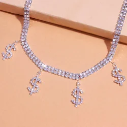 PJ-M074 Women Dainty Adjustable Non-fading  Crystal Rhinestone Dollar Sign Pendant Necklace for Women