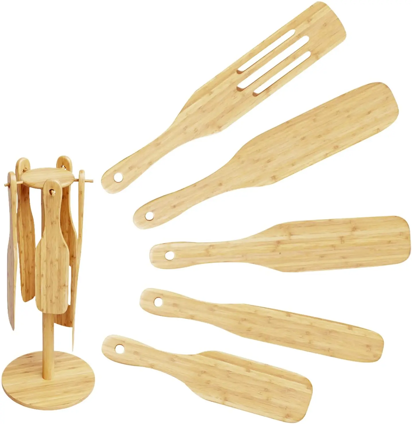 Kitchen Tools Wooden spurtles Set Bundled with Countertop Utensil Holder Eco-Friendly Bamboo Cooking