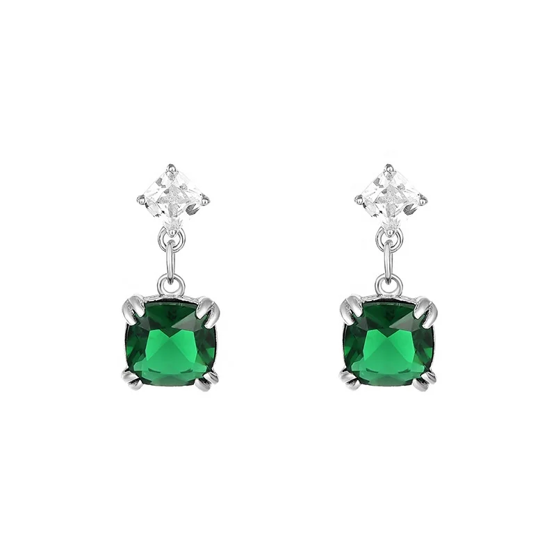 Dropshipping Unique Jewelry Lady Rectangle Green Cubic Zirconia  925 Silver Statement Drop Earrings Women Girls Jewelry 2022