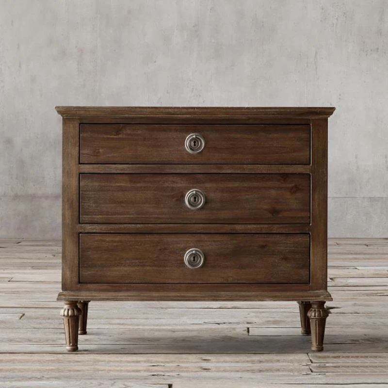 RH American solid wood nightstand vintage carved drawer locker Bedroom oak bedside cabinet three draw storage cabinet custom
