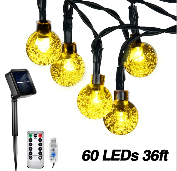 Outdoor 60 Led Crystal Ball Solar String Lights Warm White Christmas Globe Lights For Garden, Yard,Party