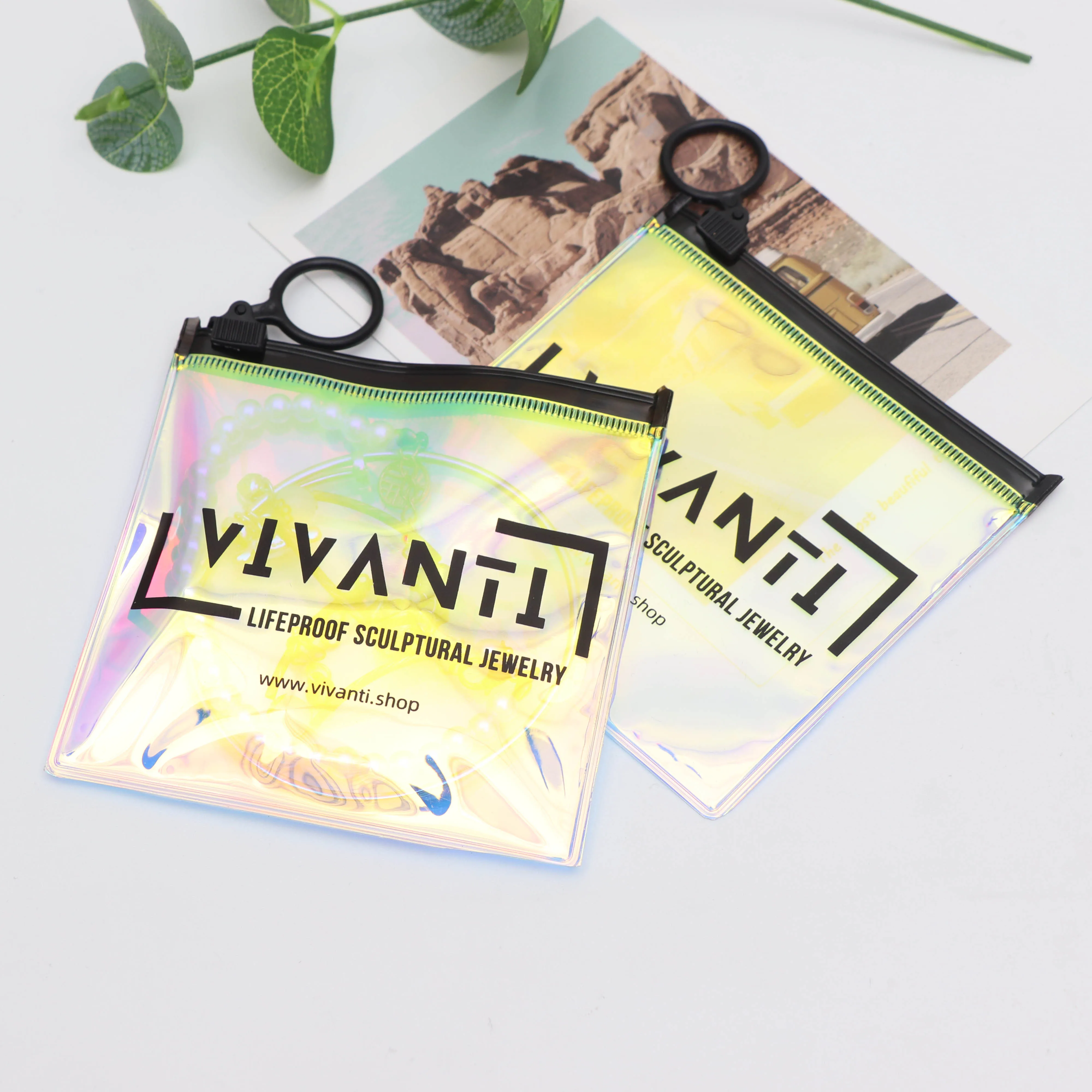 Wholesale Custom Print Logo Mini Holographic Pvc Zipper Bag Jewelry Zipper Pouch With Circle Handle
