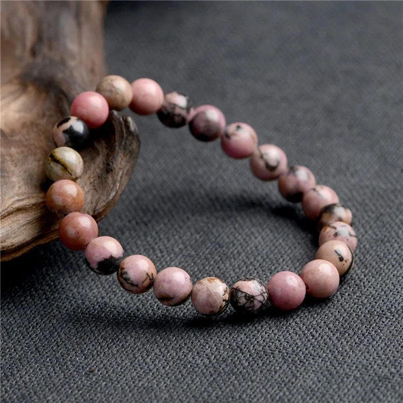 Natural Gemstone Pink Black Rhodonite Healing Crystal Stretch Stone Bead Bracelet 8mm