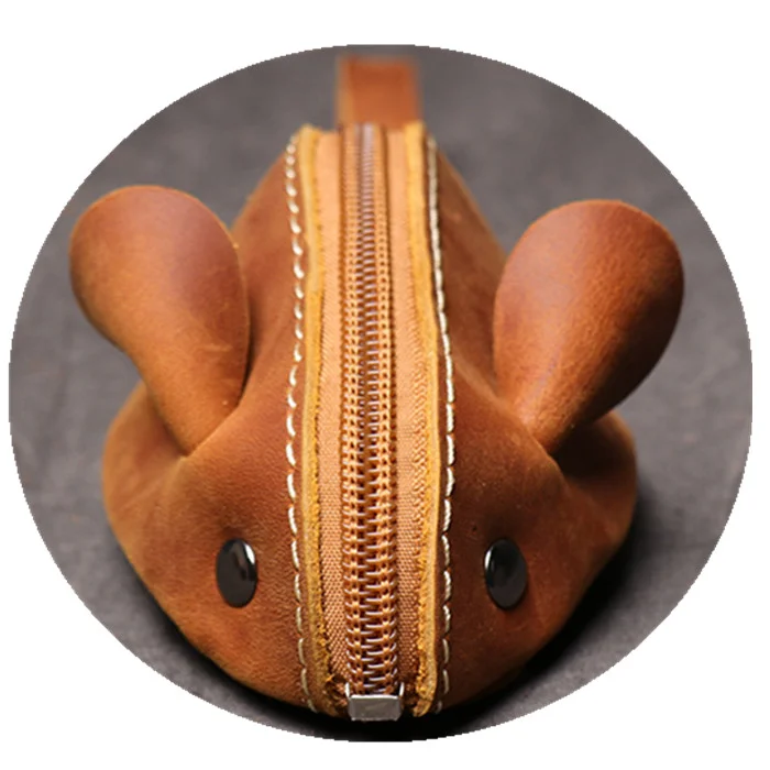 New cowhide small purse leather cute rat cartoon shaped key case headset line storage coin purse