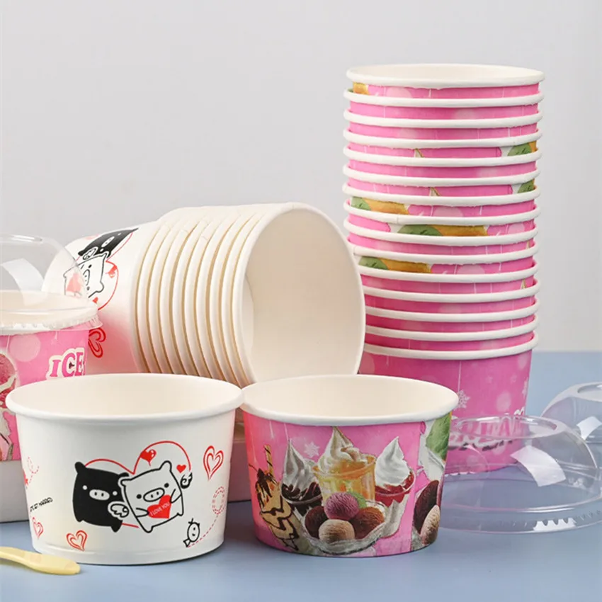Customizable disposable kraft paper cup with lid circular yogurt paper bowl ice cream containers