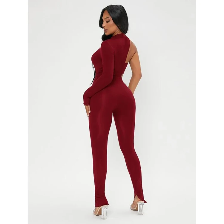 Sexy Hollow Out Mock Neck Bandage Cut Out Crop Red Tube Top Women Split Skinny Bodycon Jumpsuit