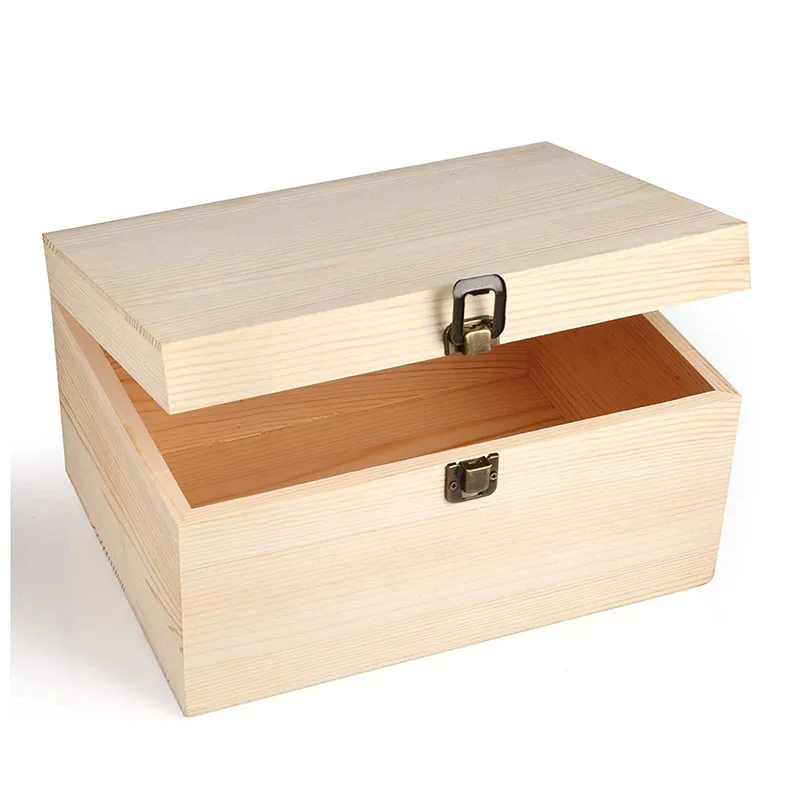 Unfinished Wooden Box with Hinged Lid and Front Clasp, Natural Pine Wood Boxes DIY Craft Wooden Boxes for Art, Hobbies, Jewelry