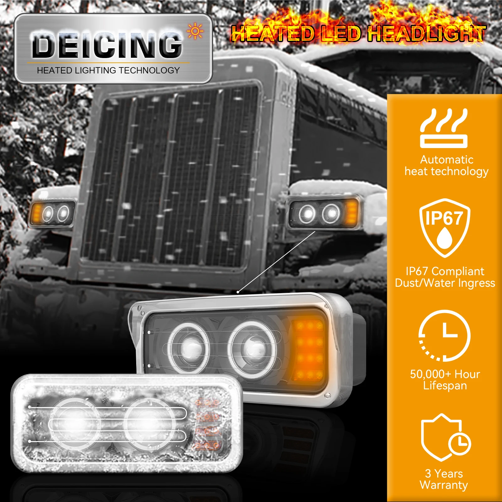 Chrome Plastic Dual Rectangular LED Headlight for Kenworth T600 T800 W900 Peterbilt 378 Trucks with Clear Lens faros de leds