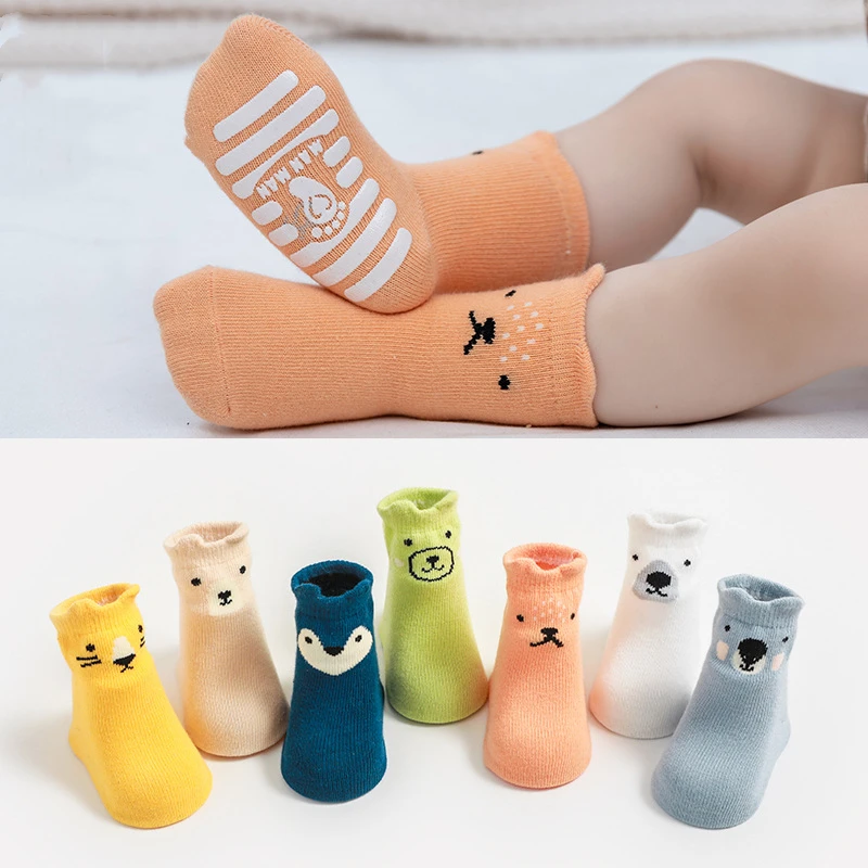 Милые детские носки из чесаного хлопка с животными Осенние нескользящие для пола в помещении мягкие малышей и младенцев