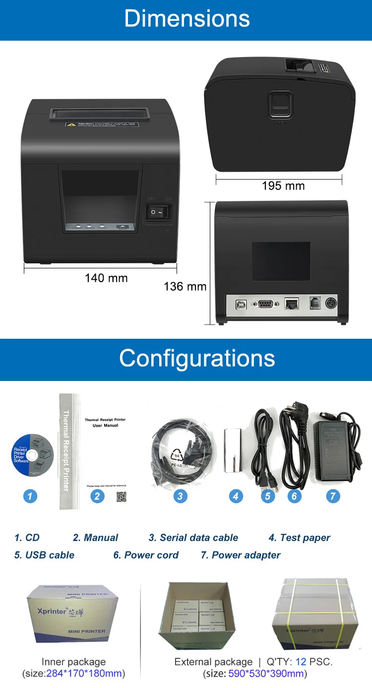 Xprinter XP-S200N S300N 80mm 3 Inch Thermal Receipt POS Printer With USB+Serial+Lan Interface