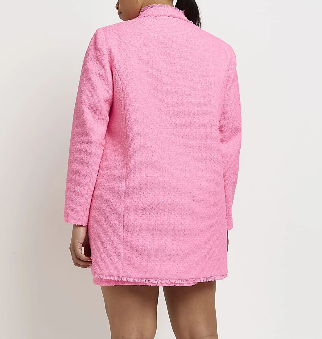Women Oversized Fit Pink Long Sleeve Open Switch Patch Pockets Boucle Oversized Blazer Skirts Suits