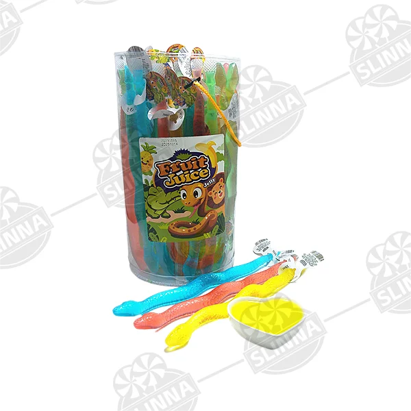 China manufacturer kids popular jar pack colored 3D cartoon snake shape fruit juice jelly pudding stick confectionery