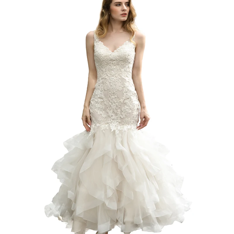 Красивое сексуальное кружевное свадебное платье на бретельках с V-образным вырезом в стиле русалки