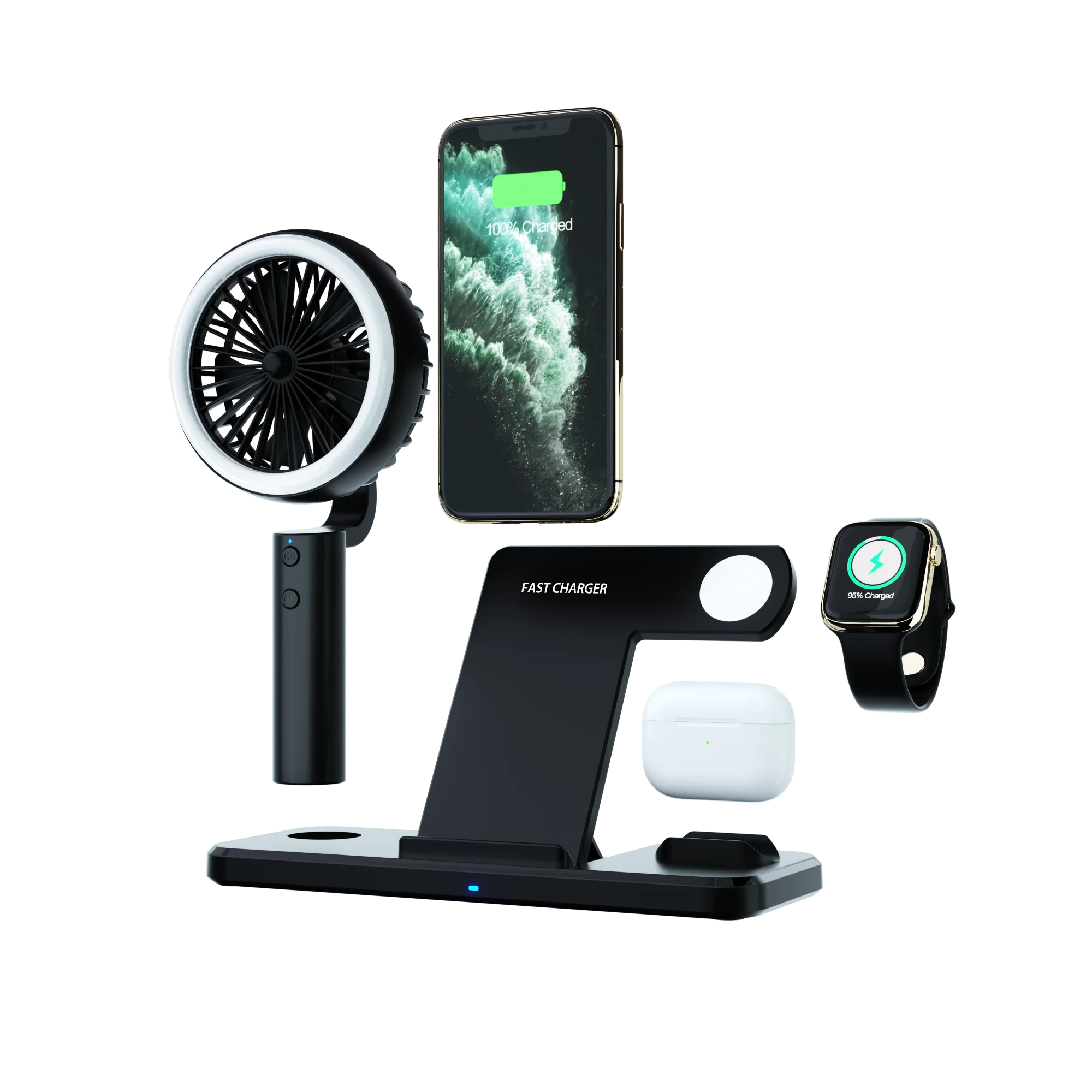  2021 Регулируемая быстрая Беспроводная зарядка 15 Вт для iPhone Airpods Apple watch 4 в 1 Беспроводное зарядное устройство с