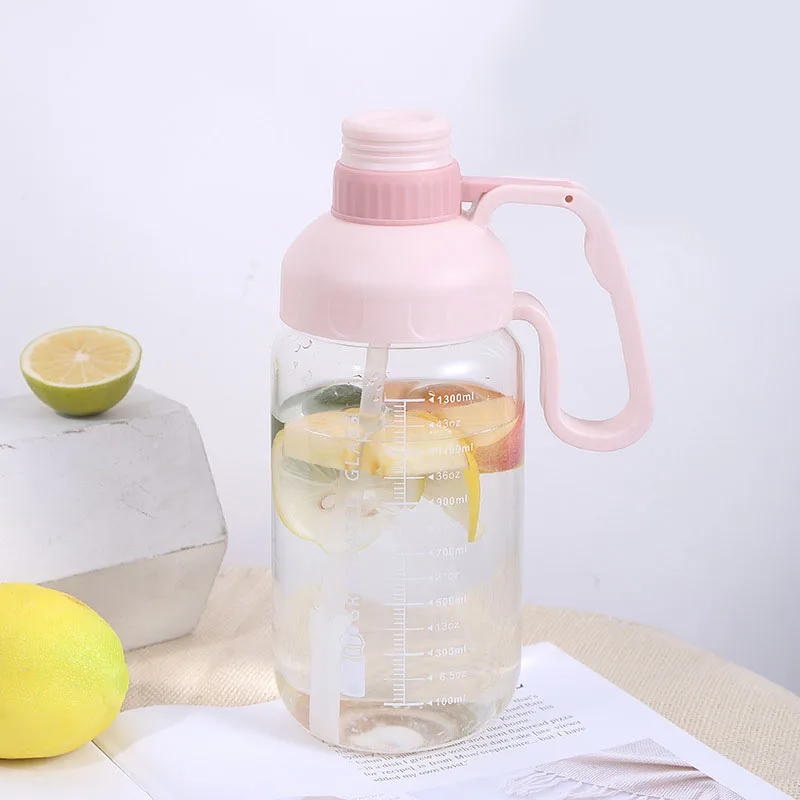 32oz 1L 1.5L Motivational Borosilicate Glass Water Bottle Sports with Handle Straw Measurement Scale for Hot or Cold Beverages