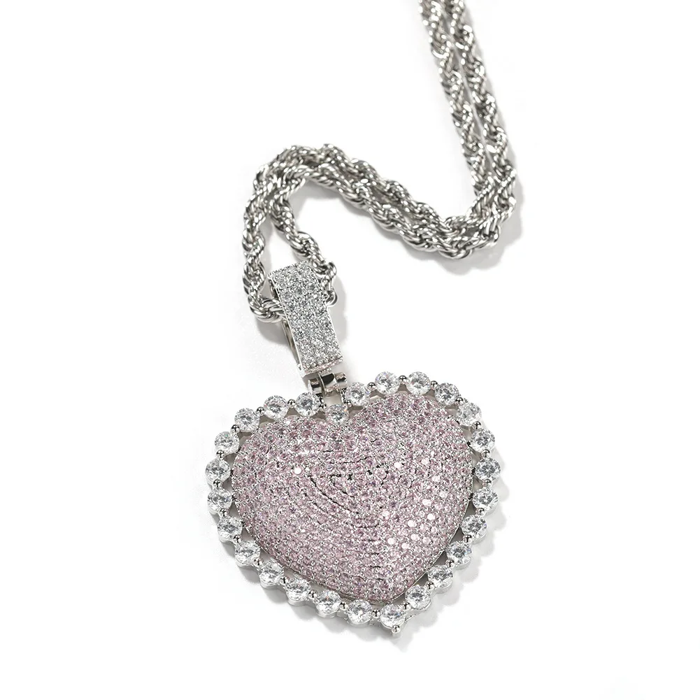 2023 new arrival jewellry18k gold pink heart shaped white gold iced tennis heart charm necklace pendants