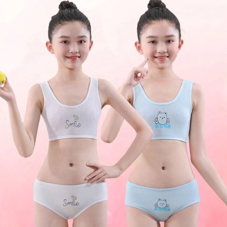 Girls Lovely Teenage Kids Beginners Seamless Growth Period Vest Cotton Camisole Bra Panty Set Underwear For Kids