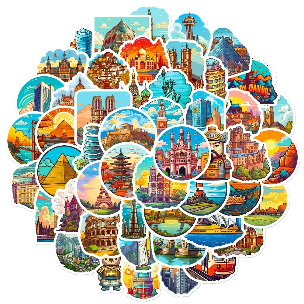 50 World Landmark Stickers, Architectural Landscapes, Creative Tourism, City Architecture Map Stickers from all over the world