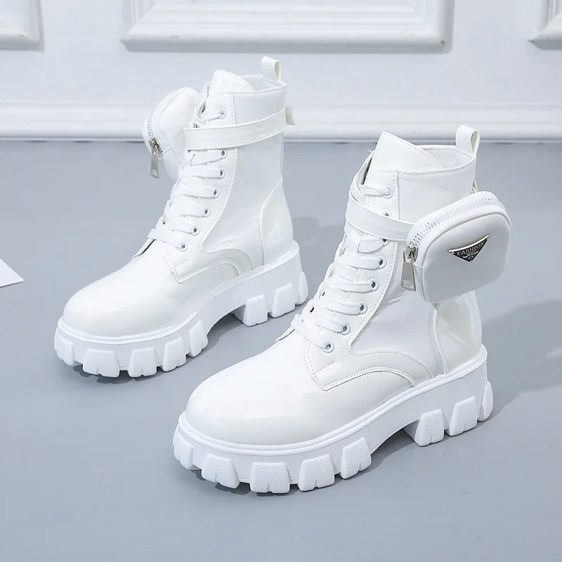 Black Punk Ankle Platform Motorcycle Boots Women Lace Up Chunky Heel Belt Buckle Designer Shoes Women Botas De Mujer