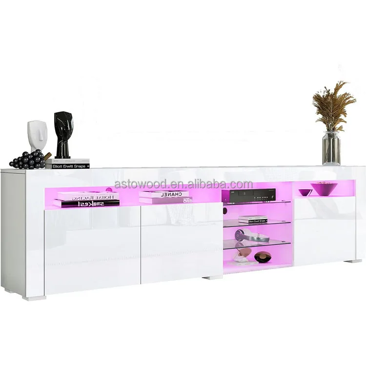 White High Gloss TV Unit with LED Lights 180CM Unit for Living Room, 3 Doors and 7 Open Shelves, Home Furniture