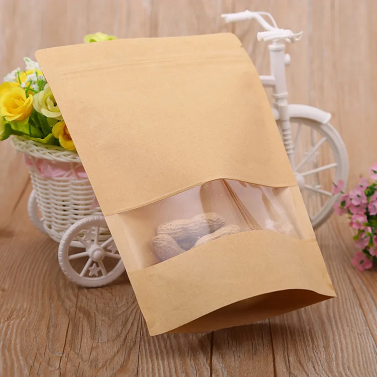 Resealable Zip lock Brown Kraft Paper Doypack Standing Up Pouches Food Packaging Bags With Clear Window and Zipper
