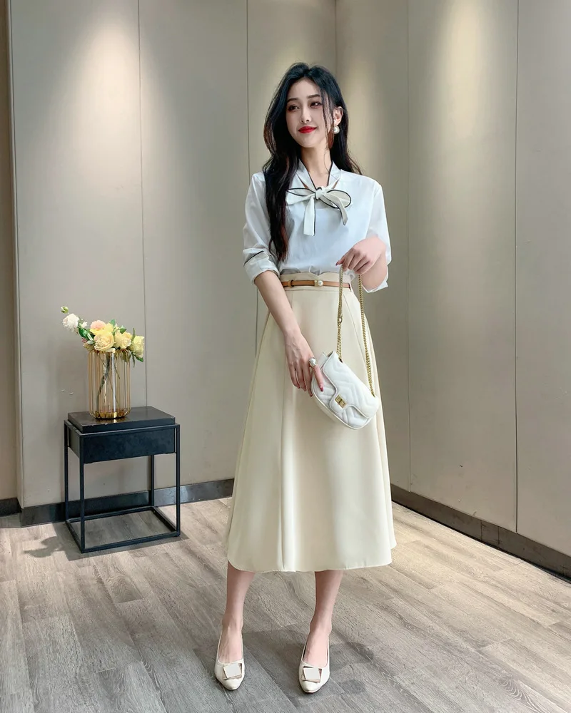 Spring new simple fashion A-line MIDI skirt with belt ladies formal skirts sexy beautiful girls wearing short skirts
