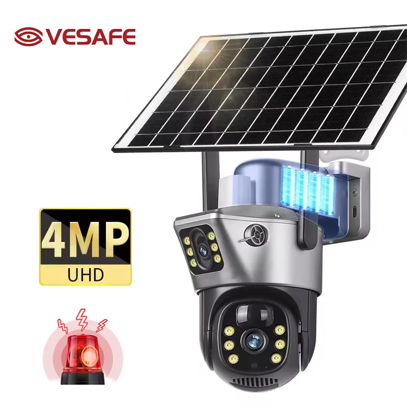 VESAFE 2K PTZ Dual Lens Built-in Battery 4MP 4G SIM Card Dual Screen Human Auto Tracking Solar Security Camera
