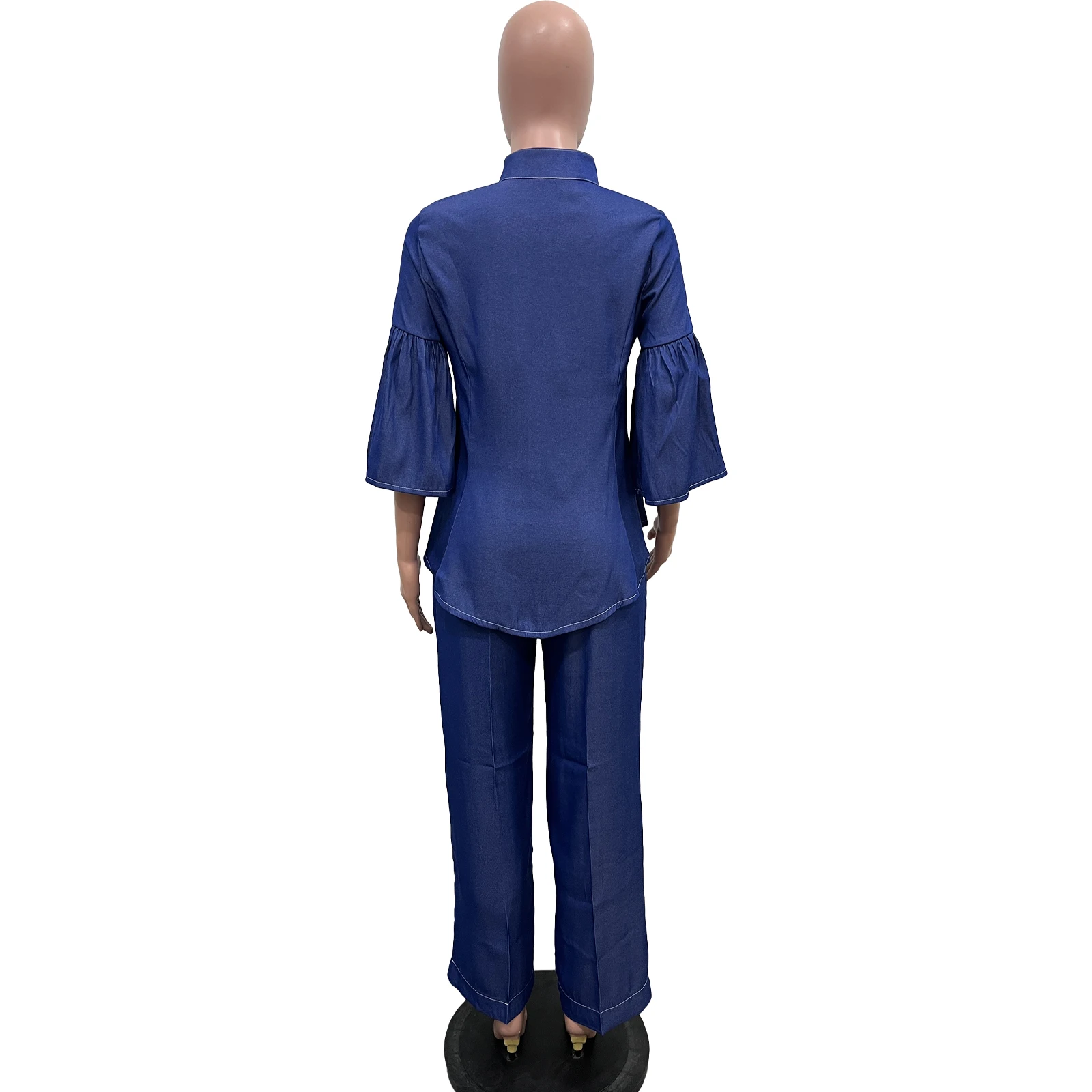 2024 Spring Clothing Women High Collar Button Flounce Top With Wide Leg Pants Denim Jeans 2 Piece Sets