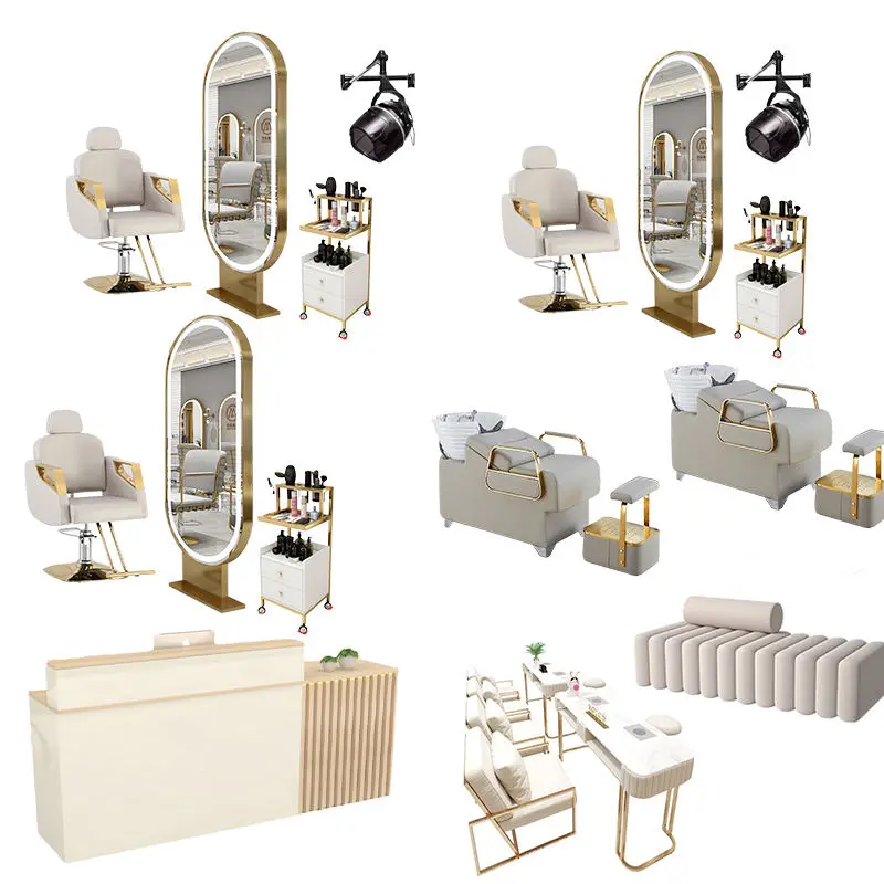 Salon Shop Equipment Hair Styling Mirror Station Shampoo Bed Barber Hairdressing Chairs Beauty Salon Furniture Set