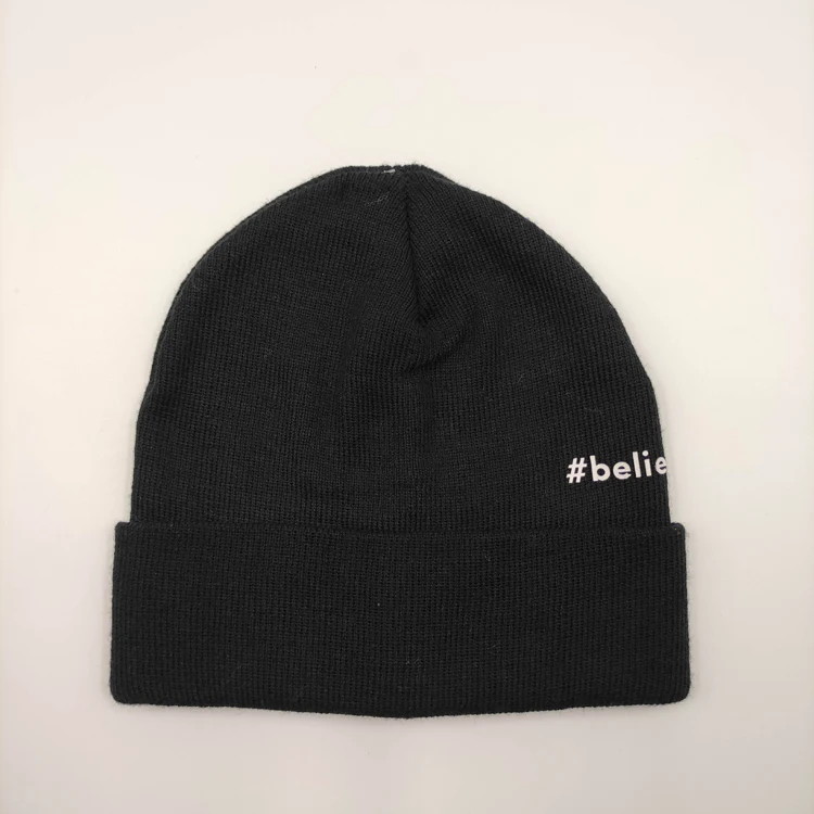 Adult knitted beanie double layers with customer rubber print