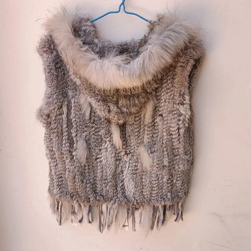 Women Spring Hooded Knitted Real Fur Vest Hot-sale Knitted short rabbit fur gilet with hood with raccoon fur trim for women