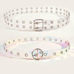 2PCS Fully Transparent Belt Female Silver Square Button PVC Clear Belt And Silver Round Button PVC Laser Plastic Belt