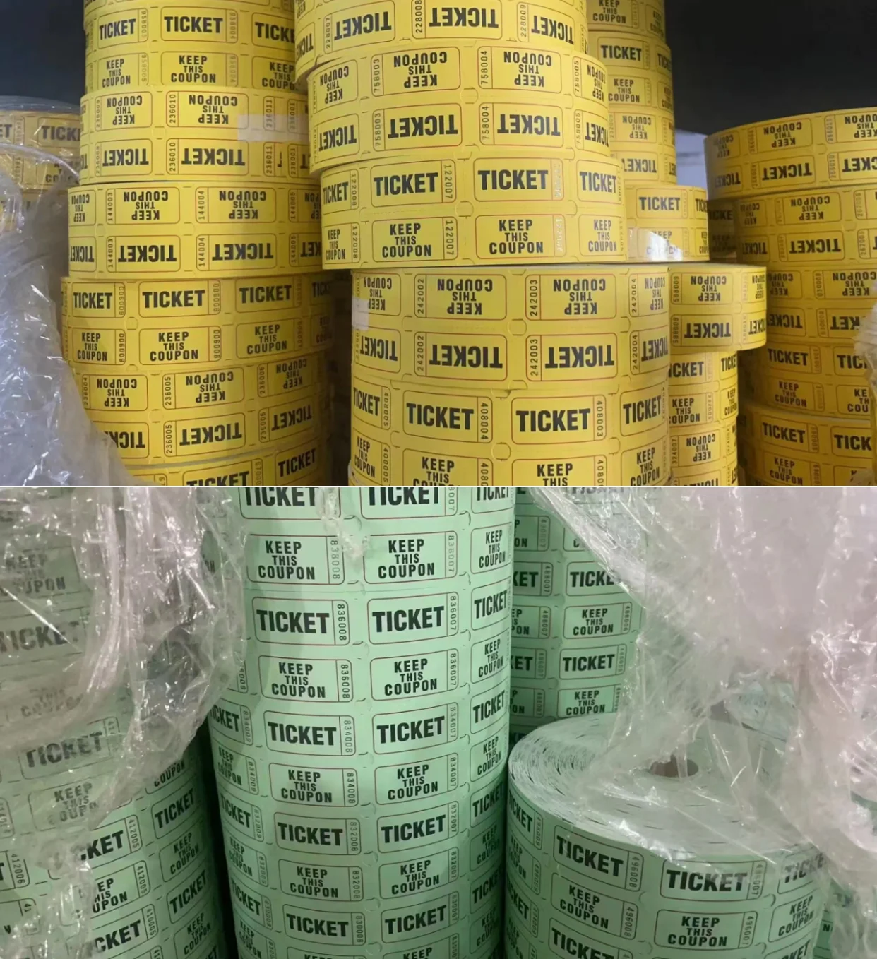 Unique design hot sale 1000 tickets per roll green yellow red blue raffle ticket roll