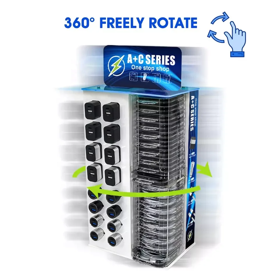 72Pcs products display racks acrylic mobile phone accessories 360 rotatable display charger usb cables car charger display stand