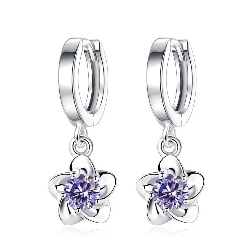 Korea Style 925 Silver Plated Dangle Crystal AAA Zirconia Flower Petal Huggie Earring Jewelry For Women