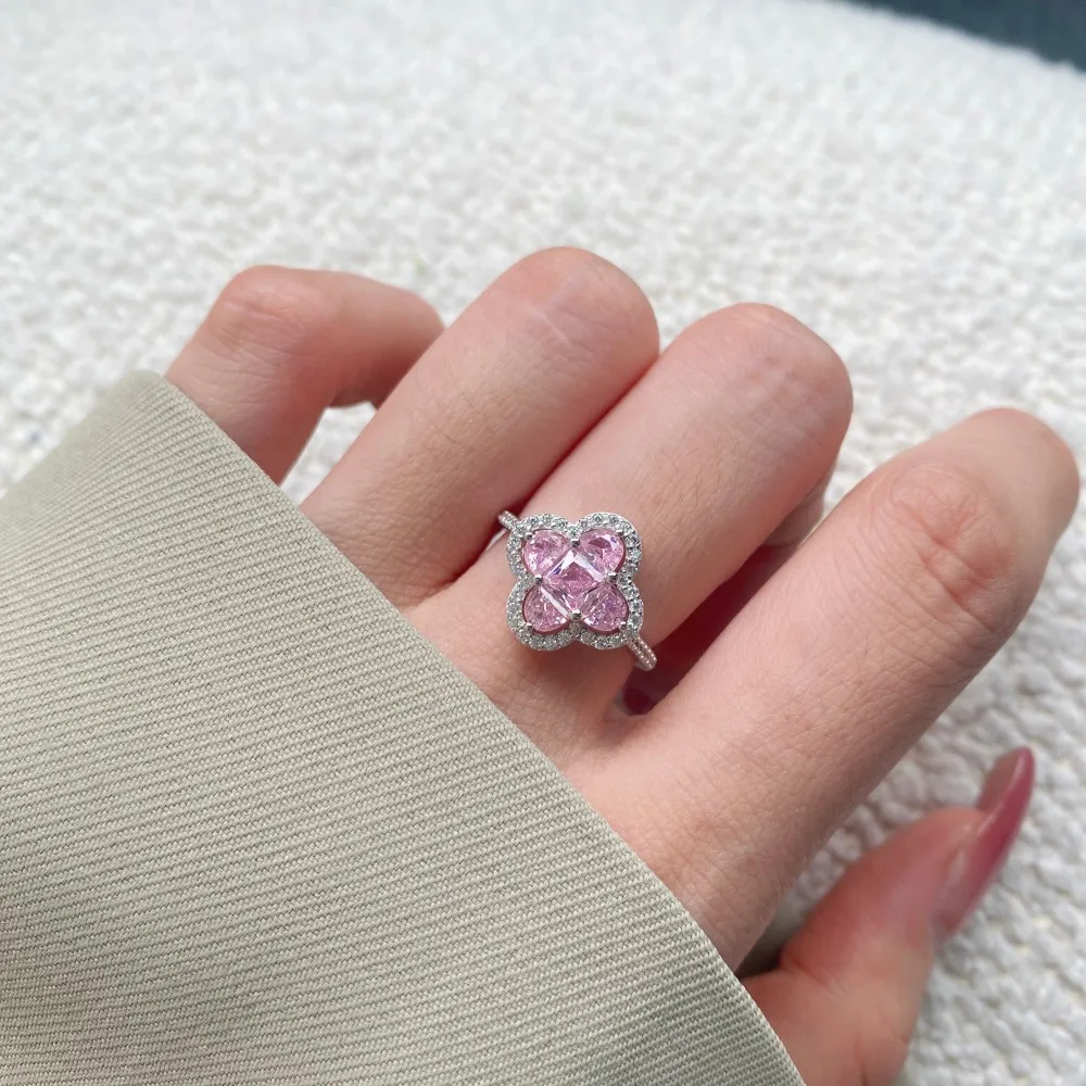 Trending Design 18K Gold Plated 925 Sterling Silver Diamond 5a pink Cubic Zirconia Four Leaf Clover Promise Engage Ring