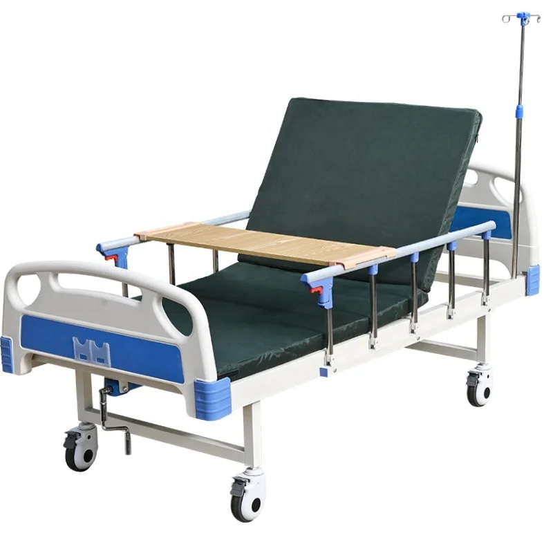 Hot sale 1crank single Medical Furniture bed patient manual hospital bed nursing bed with mattresses dining table