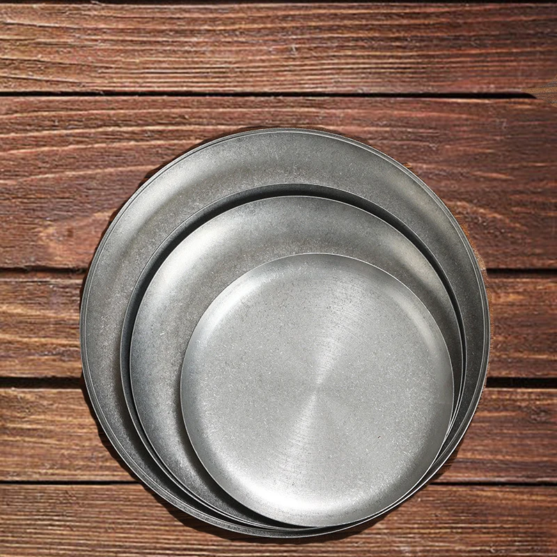 Simple and Retro Frosted Matte Silver Stainless Steel Plate Round Serving Tray for Banquet Barbecue Picnic Camping Use