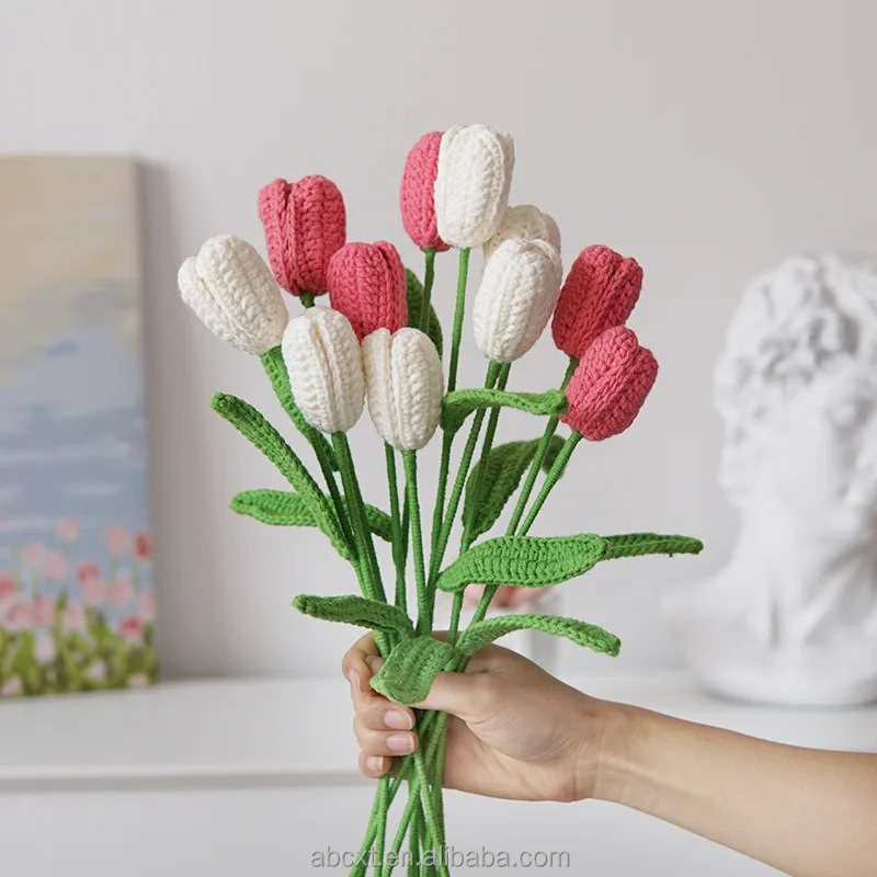 Finished Handmade Crocheting Artificial Craft Flower Wool Yarn Crochet Tulip Single Flower