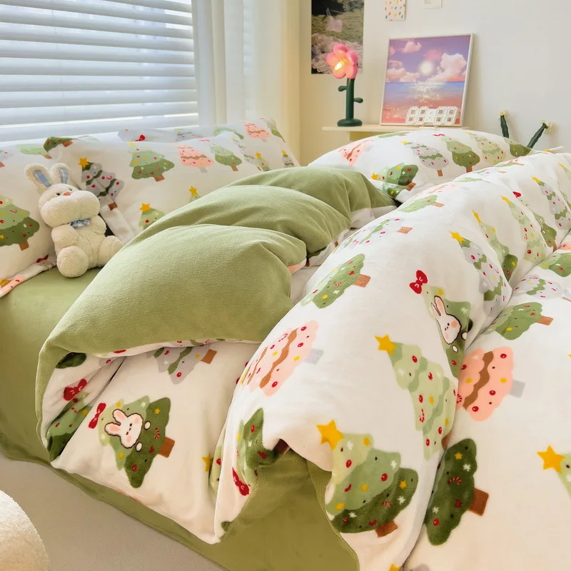 Modern Milk Velvet Three-Piece Set Including Four-Piece Winter Warm Thickened Coral Velvet Quilt Cover Double-Sided Flannel