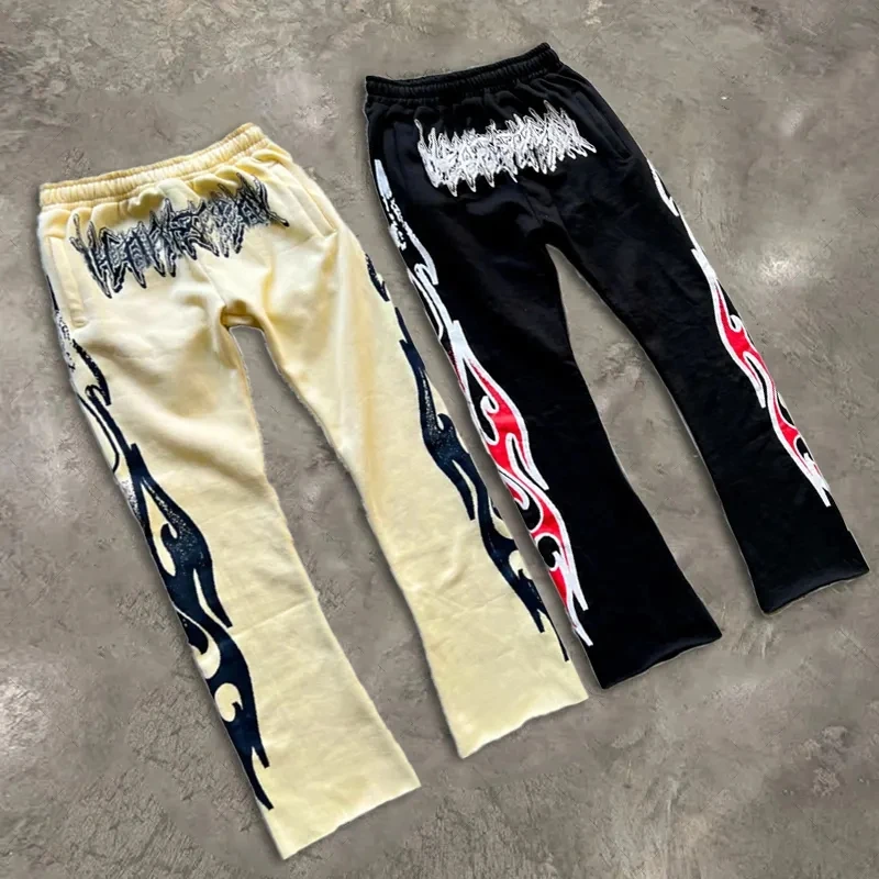 Custom French Terry Men Sweatpants Slim Fit Jogger Puff Print Flare Sweat Pants Thick Men Acid Wash Flare Sweatpants