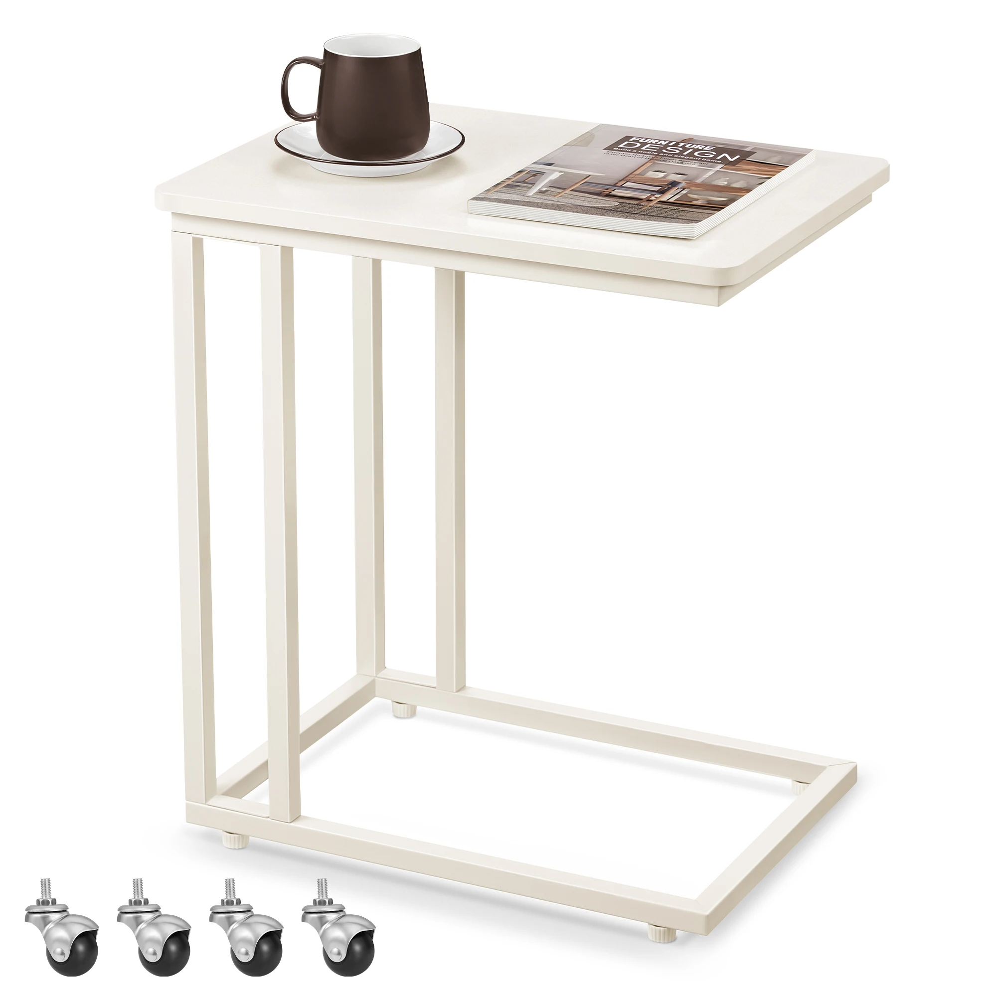 VASAGLE Industrial End Table C Shaped TV Tray Rolling Casters Coffee Laptop Side Table for Living Room Bedroom