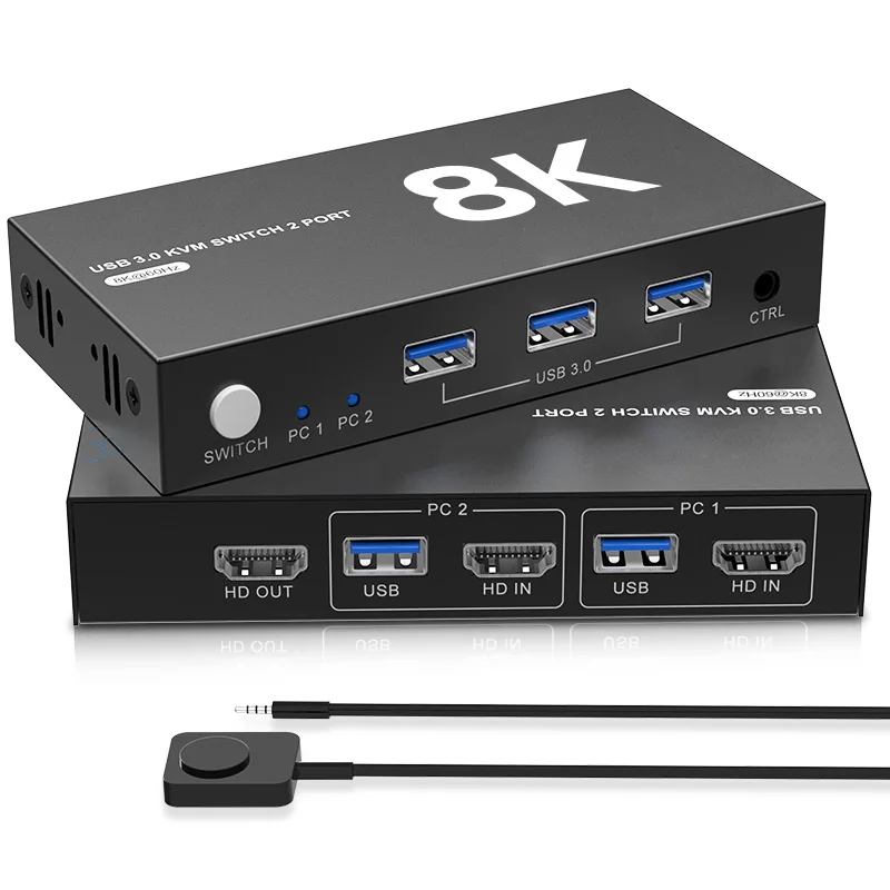 8K HDMI KVM Switch 1 Monitors 2 Computers with 3 USB 3.0 Hub 8K@60Hz HDMI 2 Port KVM Switch EDID Adaptive Plug and Play