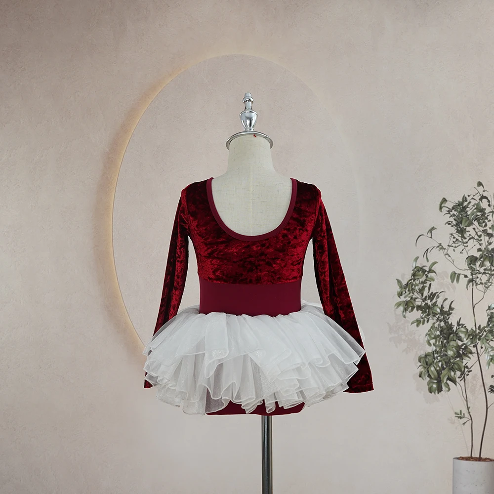 Popular factory price red velvet mockneck gymnastic leotards long sleeves red dance costume kids
