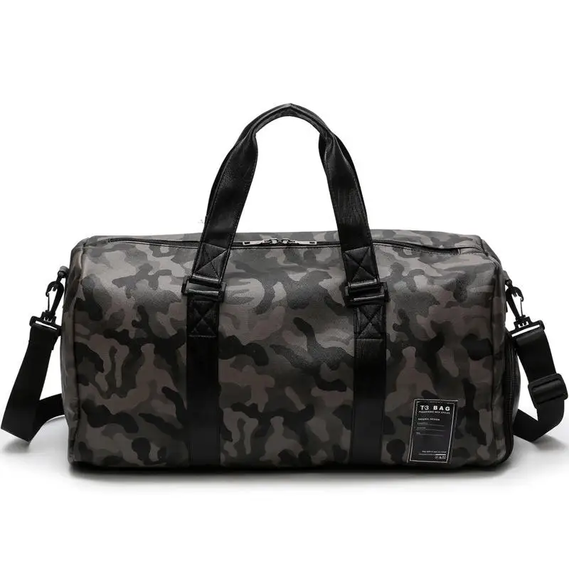 Factory waterproof shoulder duffel bag men hiking PU square camouflage exercise fitness tote travel bag with Metal base