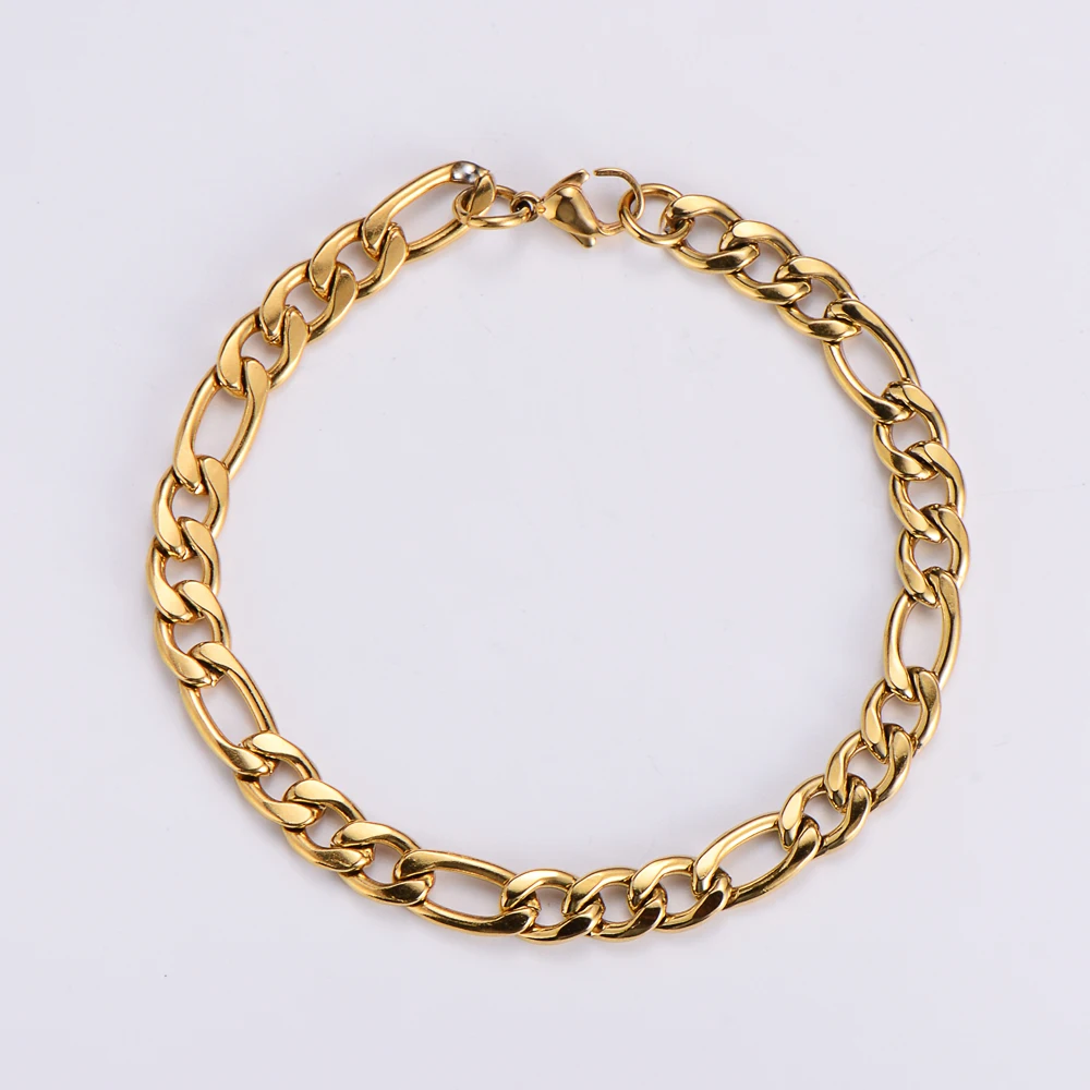Fashion Jewellery Figaro Link Chain Cuban Men Women Unisex Stainless Steel Gold Bracelet